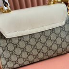 GUCCI 25S HORSEBIT 1955 MEDIUM SHOULDER BAG 22 CM IN BEIGE CANVAS AND CREAM WHITE CALFSKIN WITH GOLD HARDWARE
