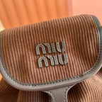 Miu Small Corduroy Backpack Dark Brown Leather-Trim
