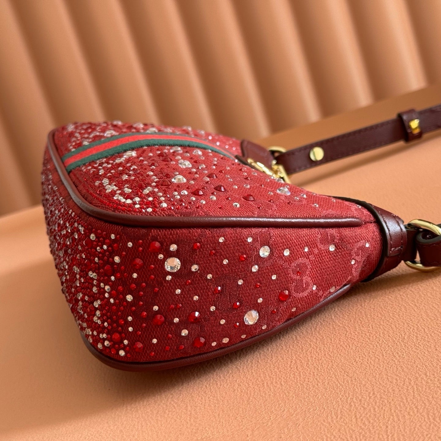 GG Ophidia Crystals Small Shoulder Bag 26cm Burgundy Canvas