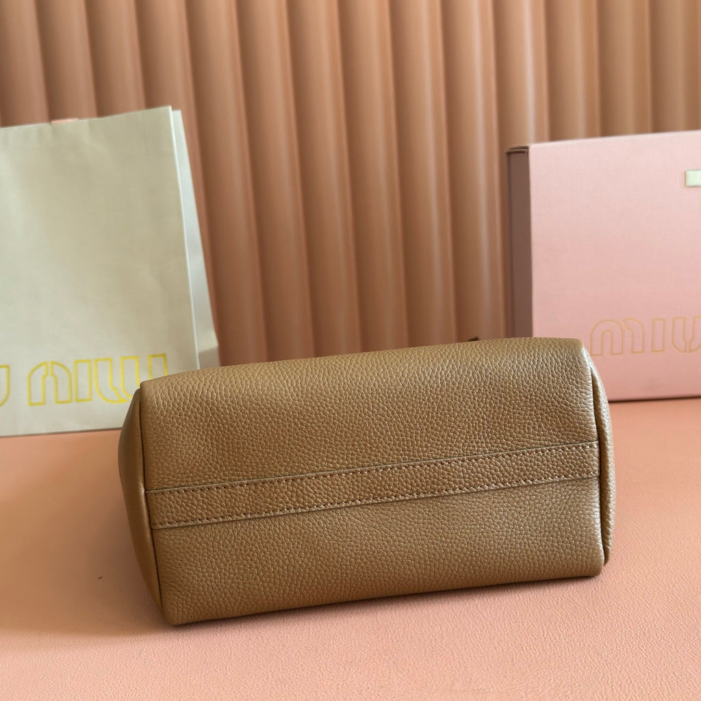 Miu Leather Bucket Bag 23cm Brown Grain Cowhide