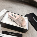 PLASTFORM HEELS IN LIGHT PINK TWEED AND CALFSKIN