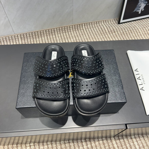 ALAIA CHUNKY TWO-STRAP SLIDES 25S IN BLACK CALFSKIN