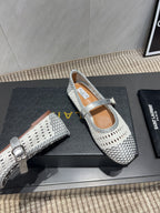 ALAIA MARY JANE FLATS WOVEN PATTERN 25S IN WHITE MIX GREY CALFSKIN