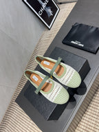 ALAIA MARY JANE FLATS WOVEN PATTERN 25S IN WHITE MIX PASTEL GREEN CALFSKIN