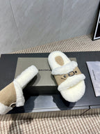 BALENCIAGA 25S SLIPPERS IN DARK BEIGE SUEDE AND WHITE WOOL
