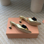 Metallic Gold Mid - Heels With Black Bow Calfskin