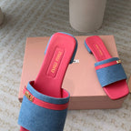Women's Deep Pink Denim Slippers With Azure Blue Straps And Belt
