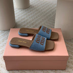 Women's Caramel Denim Slippers With Azure Blue Straps