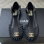 Summer New Hollow Roman Sandals Black Sheepskin