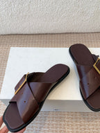 PETAL BELT FLAT SANDAL IN RUSSET BROWN CALFSKIN