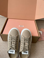 WASH SNEAKER MULES IN DARK BEIGE DENIM STRIPED LACES