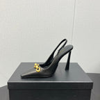 GOLD CHAIN ATTACHED HIGH SLINGBACK IN BLACK SMOOTH LAMBSKIN