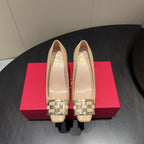 ROGER VIVIER 25S TROMPETTE SQUARE TOE HIGH HEELS 70MM IN NUDE SHINY CALFSKIN