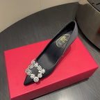 ROGER VIVIER 25S POINTED TOE HIGH HEELS 70MM IN BLACK SILK EMBELLISHED CRYSTALS