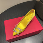 ROGER VIVIER 25S POINTED TOE HIGH HEELS 70MM IN BRIGHT YELLOW SILK EMBELLISHED CRYSTALS