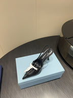 PRADA 25S POINTED TOE SLINGBACK 85MM IN BLACK LAMBSKIN WITH TIE UP DESIGN