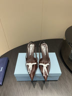PRADA 25S POINTED TOE SLINGBACK 85MM IN DARK BROWN LAMBSKIN WITH TIE UP DESIGN