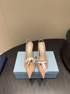 PRADA 25S POINTED TOE SLINGBACK 85MM IN BEIGE LAMBSKIN WITH TIE UP DESIGN