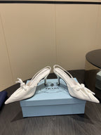 PRADA 25S POINTED TOE SLINGBACK 85MM IN WHITE LAMBSKIN WITH TIE UP DESIGN