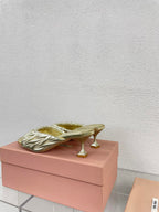 Women's Mid - Heel Metallic Yellow Color Leather Stylized