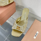Women's Mid - Heel Metallic Yellow Color Leather Stylized
