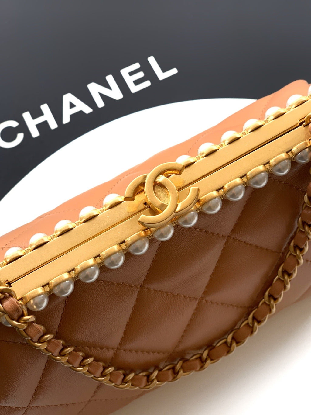 Chanel 2026 Pearl Clutch Brown Gold Lambskin 321879