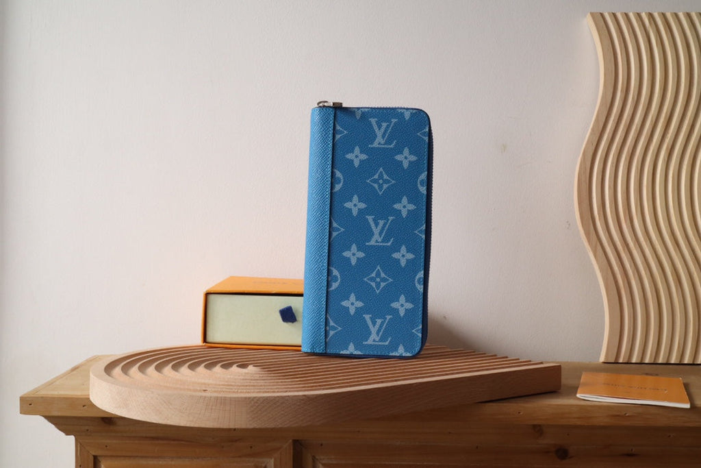 LV Zippy Vertical Wallet Blue Monogram Canvas & Taïga Leather 180068