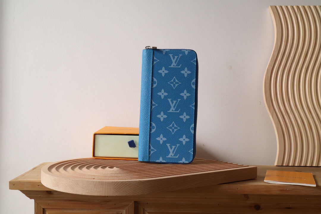LV Zippy Vertical Wallet Blue Monogram Canvas & Taïga Leather 180068