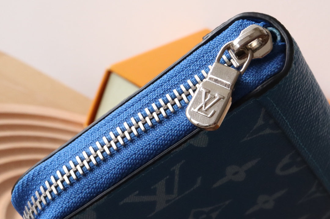 LV Zippy Vertical Wallet Blue Monogram Canvas & Taïga Leather 180068