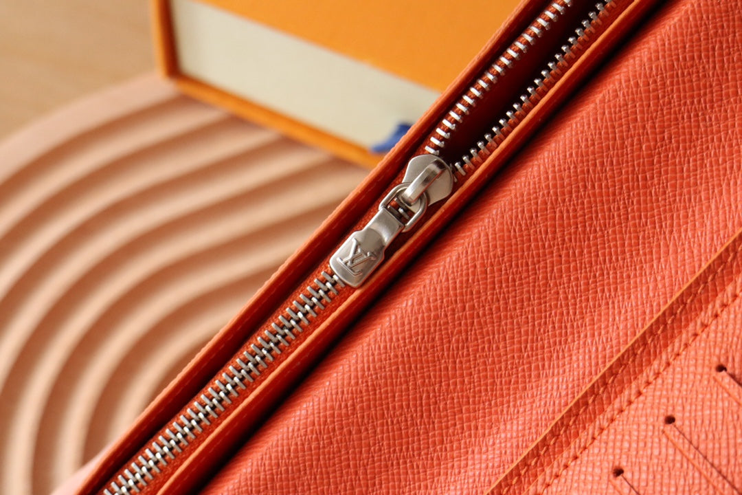 LV BRAZZA Wallet Orange Taiga Leather & Monogram Eclipse Canvas 180048