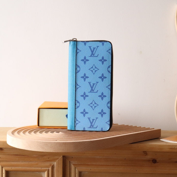 LV Zippy Vertical Wallet Light Blue Monogram Canvas & Taïga Leather 180051