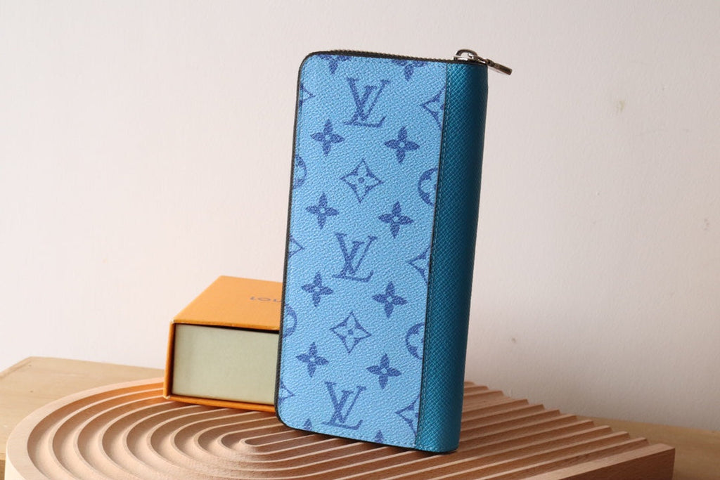 LV Zippy Vertical Wallet Light Blue Monogram Canvas & Taïga Leather 180051