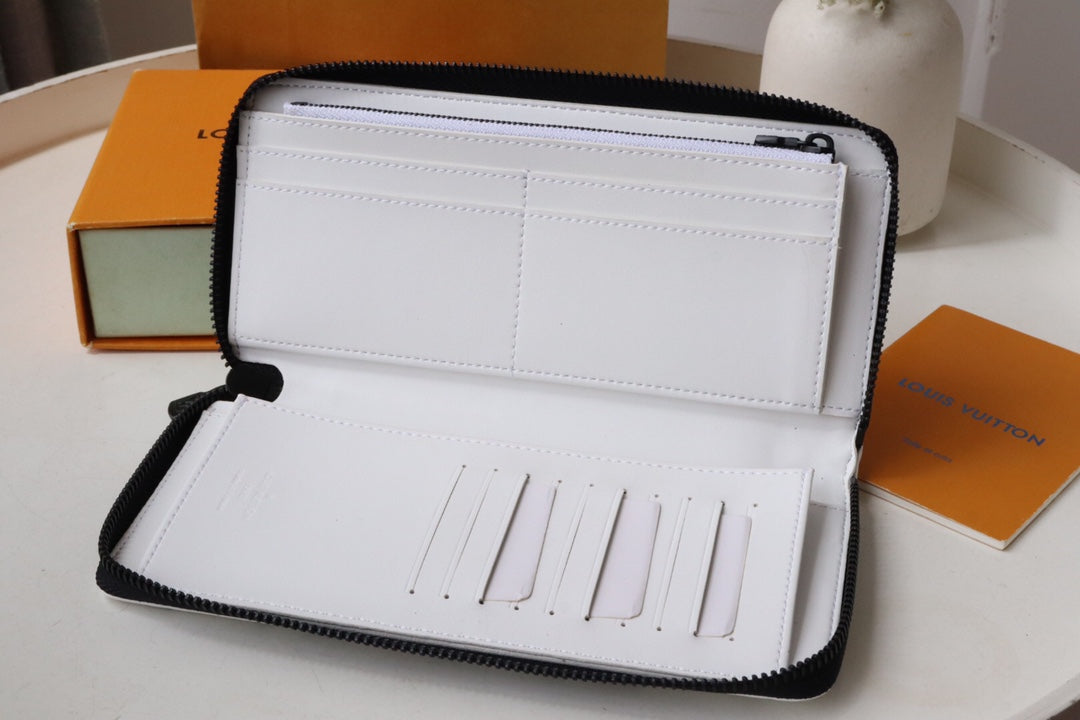 LV Zipper Wallet White Black Monogram Cowhide 248061