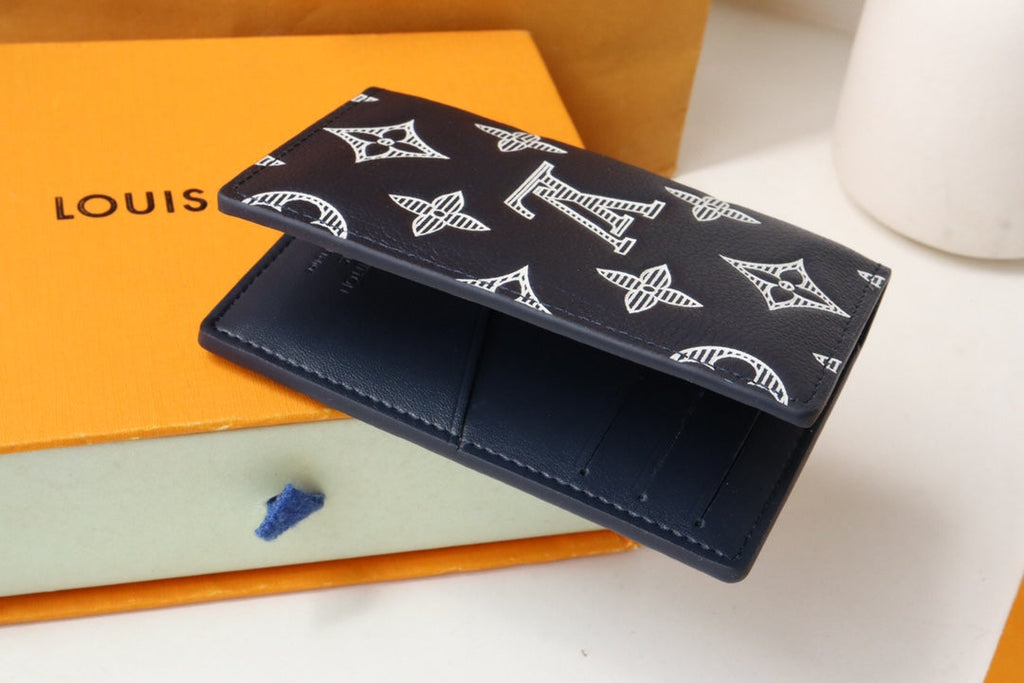 LV Pocket Organizer Wallet Grey Navy Blue Monogram Cowhide 248064