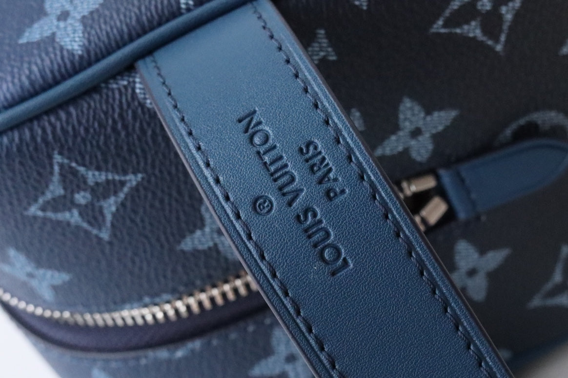 LV Locker Dopp Kit Khaki Blue Monogram Canvas 224139