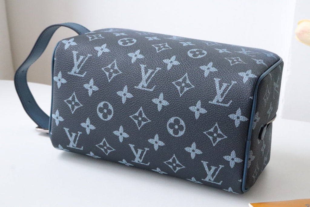 LV Locker Dopp Kit Khaki Blue Monogram Canvas 224139