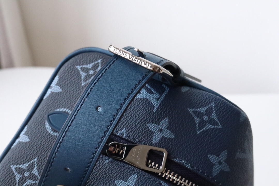 LV Locker Dopp Kit Khaki Blue Monogram Canvas 224139