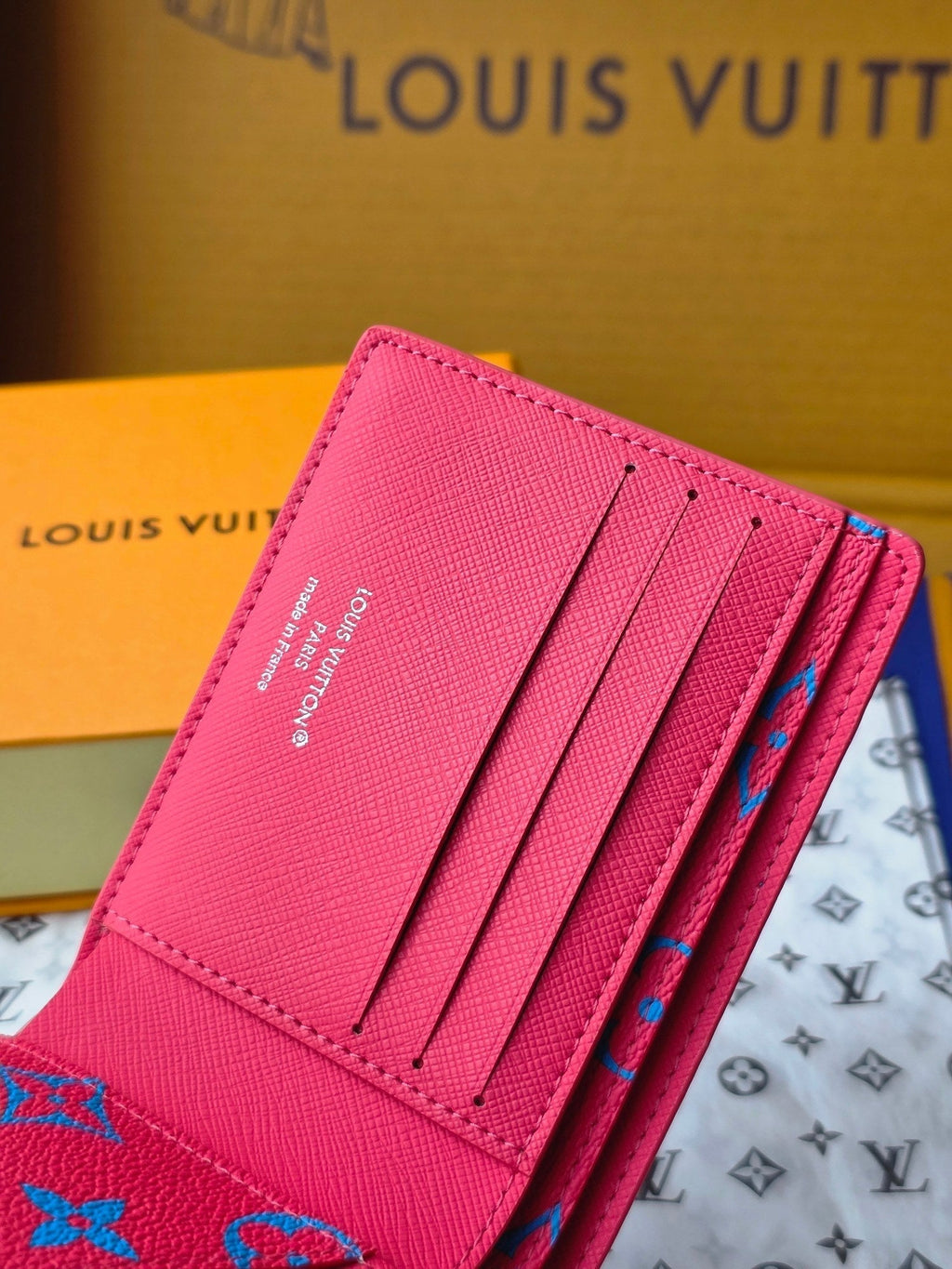 LV M14694 Multiple Wallet Blue Red Monogram Glow Canvas & Cowhide