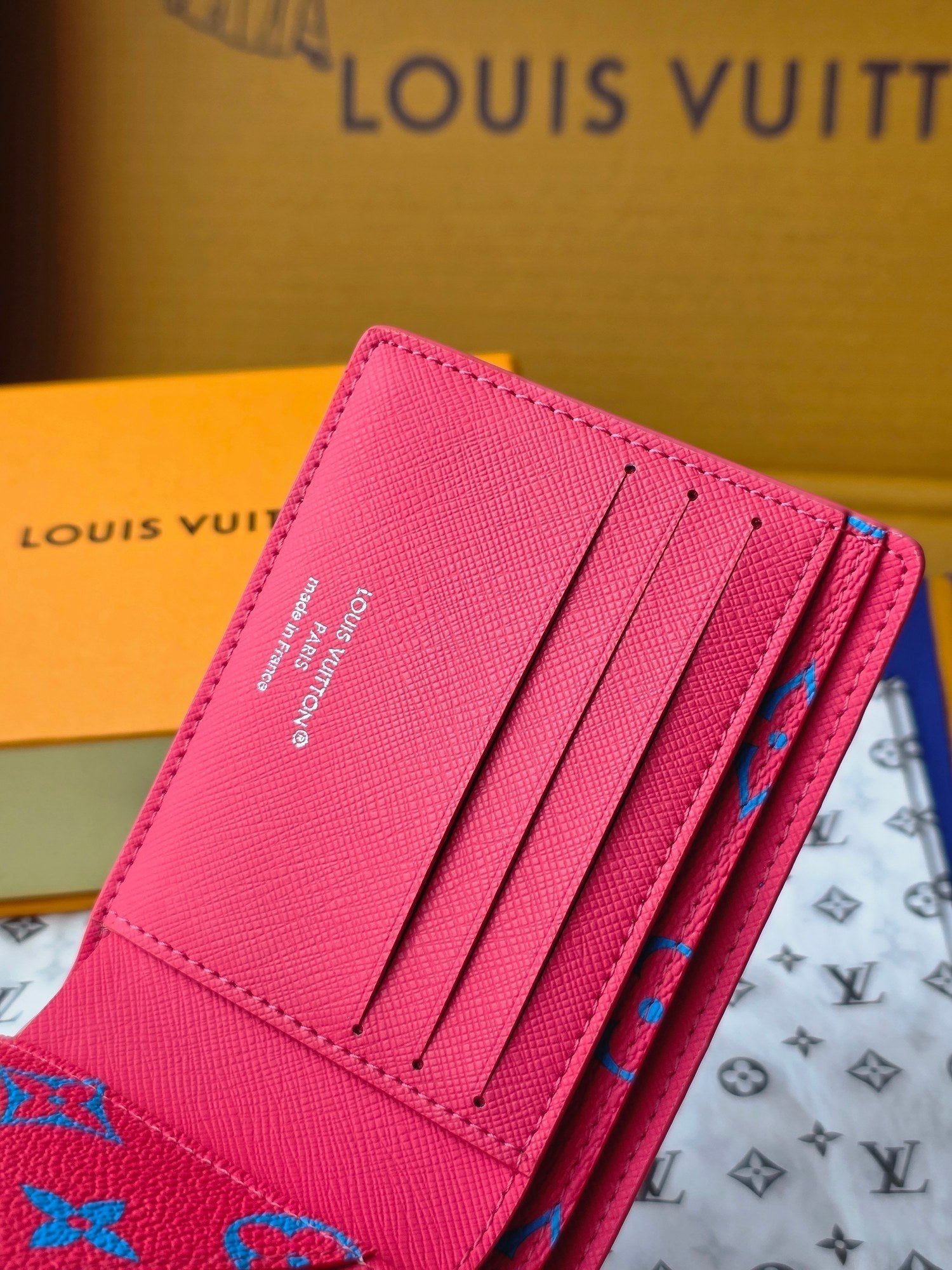 LV M14694 Multiple Wallet Blue Red Monogram Glow Canvas & Cowhide
