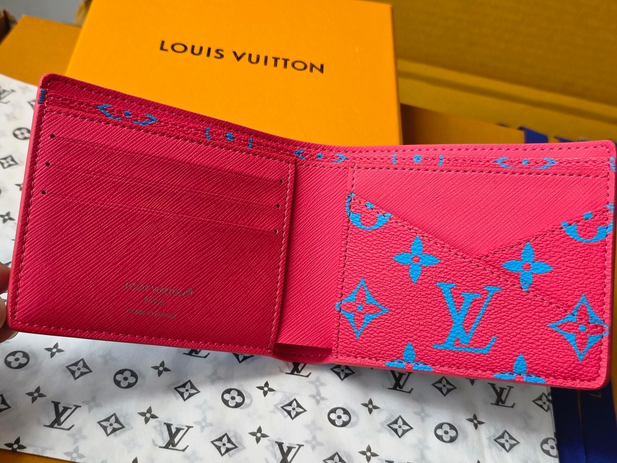 LV M14694 Multiple Wallet Blue Red Monogram Glow Canvas & Cowhide