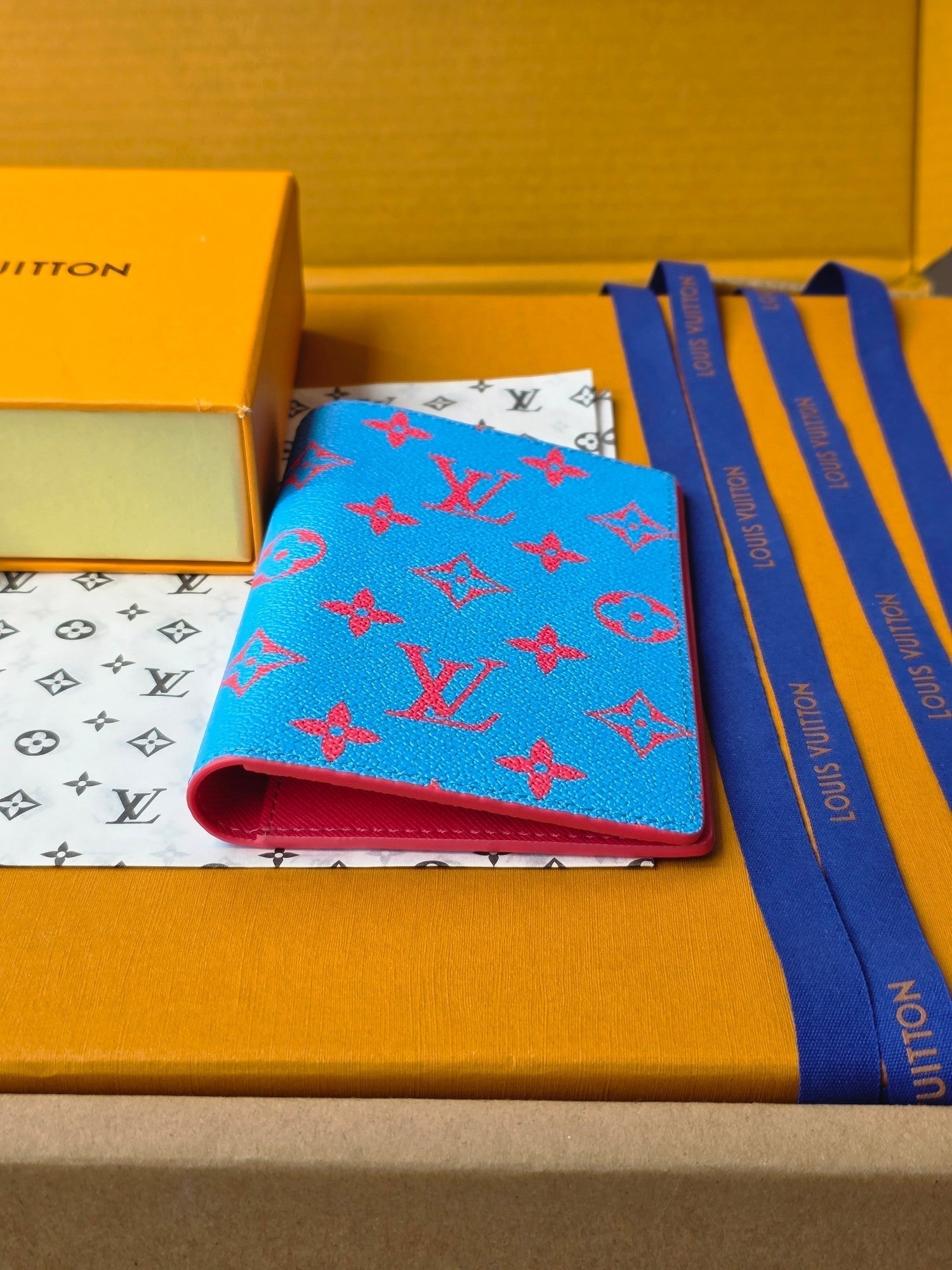 LV M14770 Passport Cover Blue Red Monogram Glow Canvas & Cowhide
