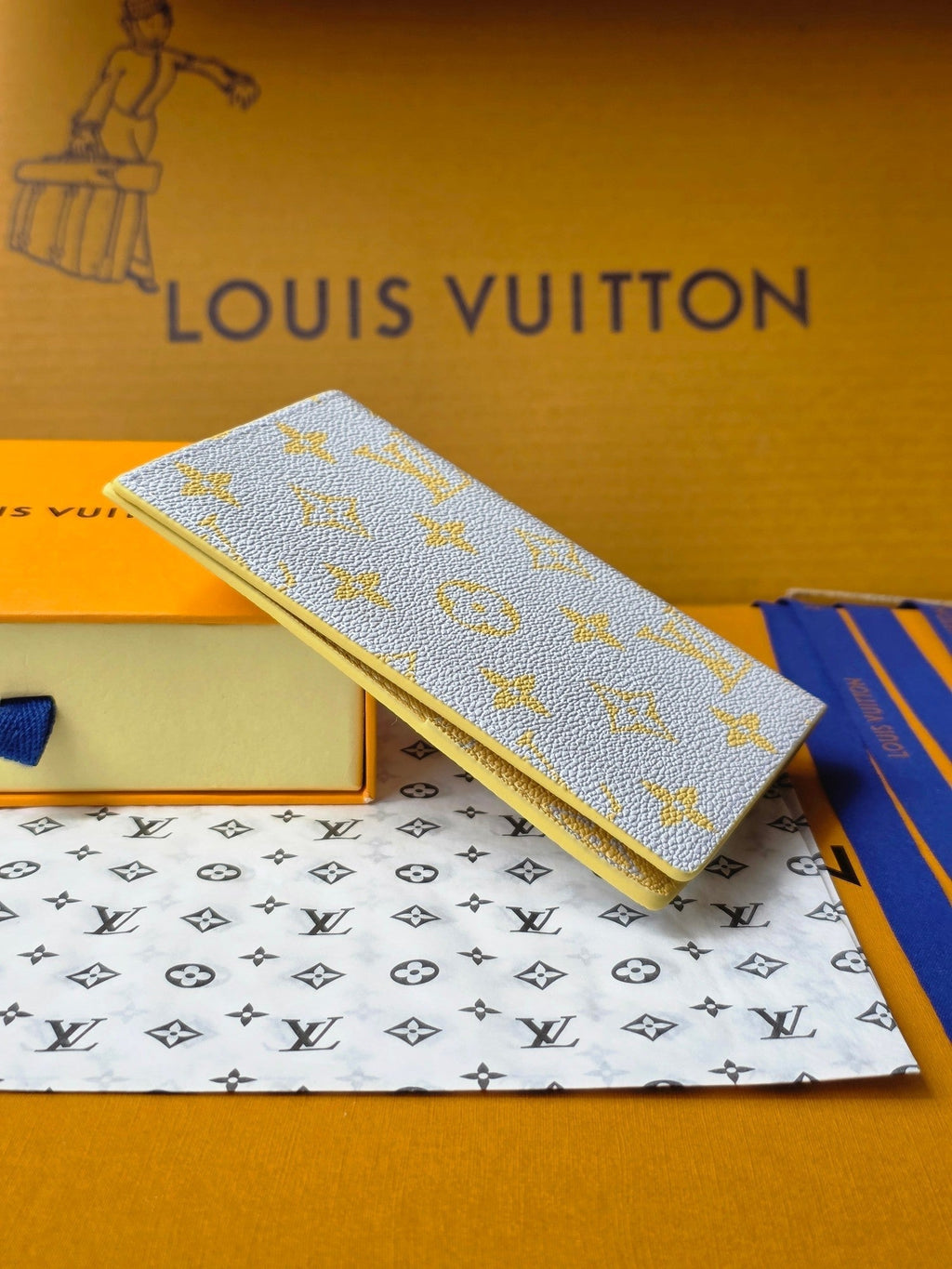 LV M14770 Passport Cover Gray Yellow Monogram Glow Canvas & Cowhide