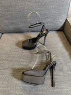 LA SCANDALE PLATFORM SANDALS IN TAUPE BROWN SATIN