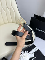 CC BELT 30MM IN BLACK SMOOTH CALFSKIN GOLD HARDWARE ATTACH PEARLS