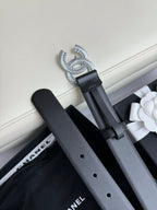CC BELT 30MM IN BLACK SMOOTH CALFSKIN SILVER HARDWARE ATTACH RHINSTONE