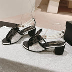 HIGH SANDAL WITH PEARL CHAIN BLACK LAMBSKIN WITH WHITE RHINESTONES