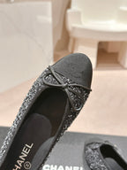 BALLET FLATS IN BLACK MIX WHITE TWEED AND SATIN