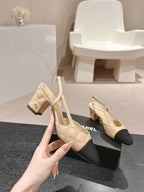 HIGH SLINGBACKS IN BEIGE CREAM LAMBSKIN AND BLACK SATIN