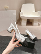 HIGH SLINGBACKS IN WHITE LAMBSKIN AND BLACK SATIN