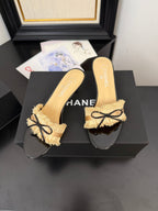 SAND YELLOW GROSGRAIN CANVAS BOW MULE SANDALS 65 MM